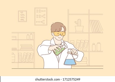 Science, chemistry, experiment concept. Young happy man scholar medical worker makes chemical reaction with reagents in laboratory. Scientific test, academic research or vaccine creation illustration.