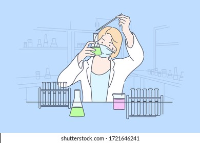 Science, Chemistry, Experiment Concept. Young Happy Woman Scholar Medical Worker Makes Chemical Reaction With Reagents In Laboratory. Scientific Test Academic Research Or Vaccine Creation Illustration