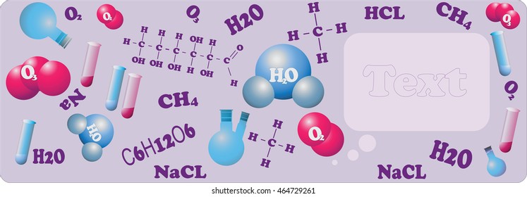 Science chemistry. Formulas, flasks, bottles on a purple background.
