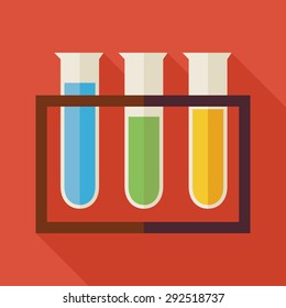 Science Chemistry Glass Bulb Illustration with long Shadow. Back to School and Education Vector illustration. Flat Style Colorful Flask with long Shadow. Biology Physics and Research Object.