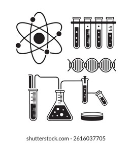 Science and Chemistry Icon Set with Test Tubes and Instruments Design.