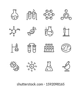 Science Chemistry Lab Line Simple Icons. Vector Set Of Medical Analysis Experiment,  Laboratory Test Flask, Chemical Formula And  Reaction Tube. Modern Outline Symbols