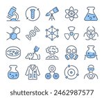 Science, chemistry and laboratory blue editable stroke outline icons set isolated on white background flat vector illustration. Pixel perfect. 64 x 64