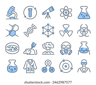 Science, chemistry and laboratory blue editable stroke outline icons set isolated on white background flat vector illustration. Pixel perfect. 64 x 64