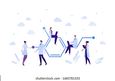 Science Chemistry Laboratory Concept. Vector Flat Person Illustration Set. Mixed Ethnic Team Of Male And Female With Formula Sign. Laptop And Textbook. Design For Scientist Teamwork Banner