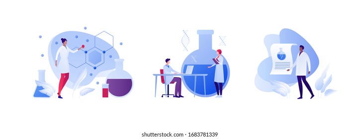 Science chemistry laboratory concept. Vector flat person illustration set. Man and woman scientist with formula and dna. Lab equipment. Desk, test tube, laptop, grant paper. Design for teamwork banner