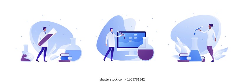 Science chemistry laboratory concept. Vector flat person illustration set. Man and woman scientist with formula sign. Lab equipment. Experiment test tube, computer screen. esign for teamwork banner