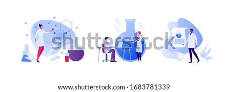 Science chemistry laboratory concept. Vector flat person illustration set. Man and woman scientist with formula and dna. Lab equipment. Desk, test tube, laptop, grant paper. Design for teamwork banner
