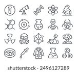 Science, chemistry and laboratory editable stroke outline icons set isolated on white background flat vector illustration. Pixel perfect. 64 x 64