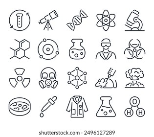 Science, chemistry and laboratory editable stroke outline icons set isolated on white background flat vector illustration. Pixel perfect. 64 x 64