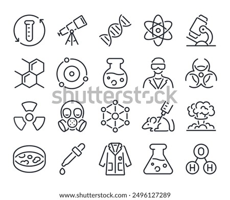 Science, chemistry and laboratory editable stroke outline icons set isolated on white background flat vector illustration. Pixel perfect. 64 x 64