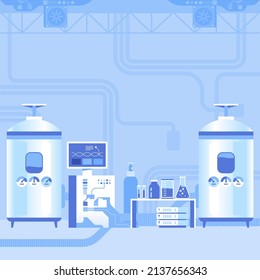 Science chemistry laboratory flat color vector illustration. Science lab, pharmaceutical research center Cartoon interior design with medical equipment on background. Modern medical institution decor