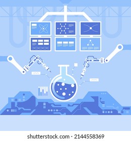 Science chemistry laboratory flat color vector illustration. Science lab, pharmaceutical research center Cartoon interior design with medical equipment on background. Modern medical institution decor