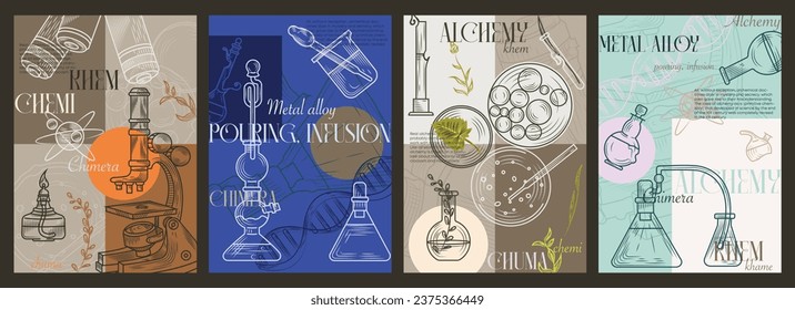 Ciencia, Química, Pruebas de Laboratorio, Biología, Concepto Farmacéutico. Afiches, volantes, diseños de pancartas o portadas de libros. Conjunto de ilustraciones vectoriales de estilo retro vintage. Tipografía. Esbozo de lápiz de época