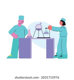Science chemistry laboratory with two workers in uniform and equipment flat vector illustration
