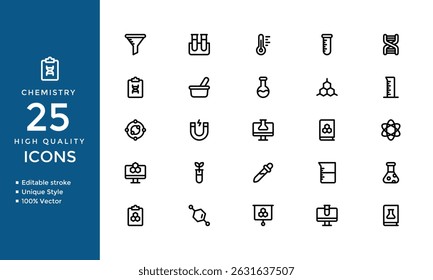 Science and Chemistry Line Icons Set – Outline Vector Symbols of Lab, Experiment, Molecule, Atom, Microscope, and Scientific Tools