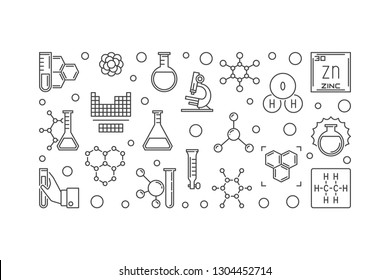 Science and Chemistry outline simple banner. Vector horizontal illustration in thin line style 