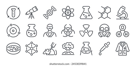 Science and chemistry related editable stroke outline icons set isolated on white background flat vector illustration. Pixel perfect. 64 x 64