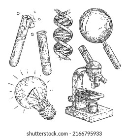 Science Chemistry hat handgezeichnet Vektorgrafik. Schulformel, Physik-Labor, wissenschaftliche Ausbildung, Forschungsexperiment, DNA-Technologie-Chemie-Skizze. einzelne schwarze Illustration