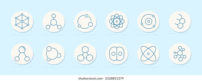 Ícone do conjunto de química científica. Molécula, átomo, reação química, estrutura atômica, compostos, pesquisa, fórmula, laboratório, partícula, física, elementos, educação, estudo, estrutura molecular