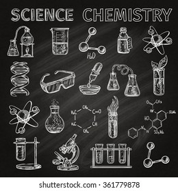 Science and chemistry sketch chalkboard icons set with elements combinations isolated vector illustration 