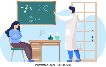 Science chemistry teacher, scientist professor standing near chalkboard teaching student in laboratory classroom at school, college or university. Young woman cartoon character sitting at a table