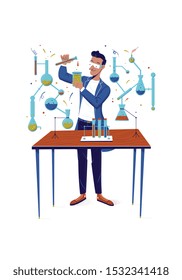 Science of chemistry is a vector illustration of a man doing lab experiments with chemical substances