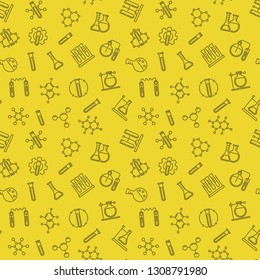 Science and Chemistry vector linear seamless pattern with yellow background