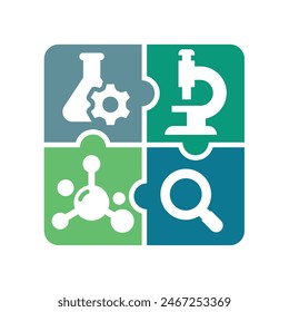 Science and chemistry vector logo. Laboratory and research puzzle icon.