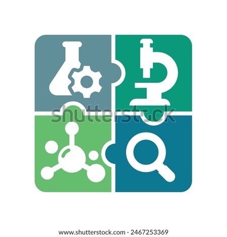 Science and chemistry vector logo. Laboratory and research puzzle icon.