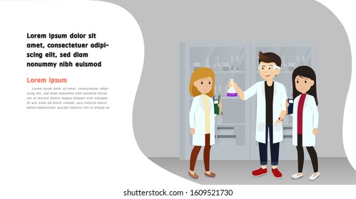 Science class , concept is The boy holds a test tube in the lab. Test tube on the table.