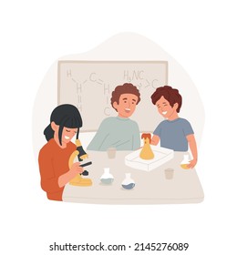 Science class isolated cartoon vector illustration. Children research in laboratory, science day camp, PA program, after school class, daycare center, extracurricular education vector cartoon.