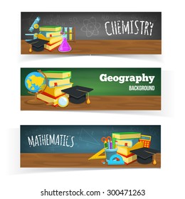Science classes headers. Education banners design. Colorful school objects and text.