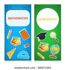 Science classes headers. Education banners design. Colorful school objects and text.