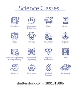 Science classes & university education concept. Grammar, math, biology, economics, medical chemistry, music thin line icons set. School exact sciences learning isolated linear vector illustrations