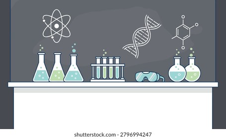 Science classroom laboratory setup with glass test tubes, flaks, goggles, and chalkboard drawings of atoms and dna.