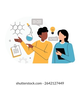 Science Collaboration and Experiment Discussion. Vector illustration showing two students engaged in a science discussion