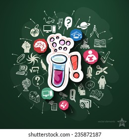 Science collage with icons on blackboard. Vector illustration