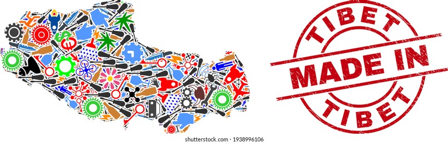 Science Collage Tibet Map and Made in Grunge Stamp Seal