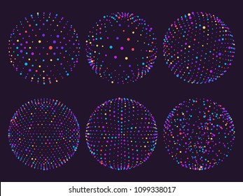 Science colorful atom spheres of blue purple red yellow cyan elements, dots orbs or particles orbit. Geometry digital 3d grid sphere for futuristic chart vector illustration on purple background