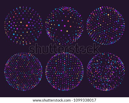 Science colorful atom spheres of blue purple red yellow cyan elements, dots orbs or particles orbit. Geometry digital 3d grid sphere for futuristic chart vector illustration on purple background