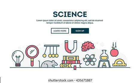 Science, colorful concept header, flat design thin line style, vector illustration