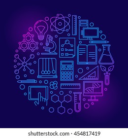 Science colorful illustration - vector round self education concept sign on dark background. Research and science linear circle symbol