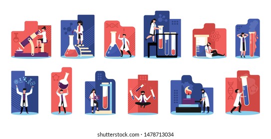 Science colorful red blue background flat icons set with lab research experiments tests discoveries symbols vector illustration 