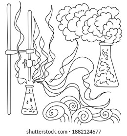 Science coloring page with laboratory instruments and utensils, ornate patterns depicting violent reaction in flasks vector illustration