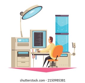 Science composition with cartoon style characters of scientists with hi-tech laboratory appliances vector illustration