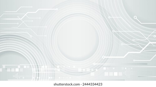 Science concept, circles with shadows and circuit board. Abstract hi tech communication for presentation or banner. Sci-fi gray background with various technology elements.