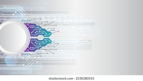 Concepto de Ciencia, círculos con sombras y placa de circuitos. Abstractas comunicación de alta tecnología para presentación o Anuncio. Fondo gris de ciencia ficción con varios Elementos de tecnología.