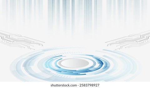 Science concept, circles with shadows and circuit board. Abstract hi tech communication for presentation or banner. Sci-fi gray background with various technology elements.