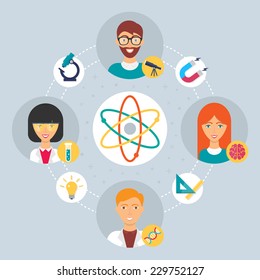 Science Concept - Collaboration Of Professionals. Vector Illustration, Flat Style 